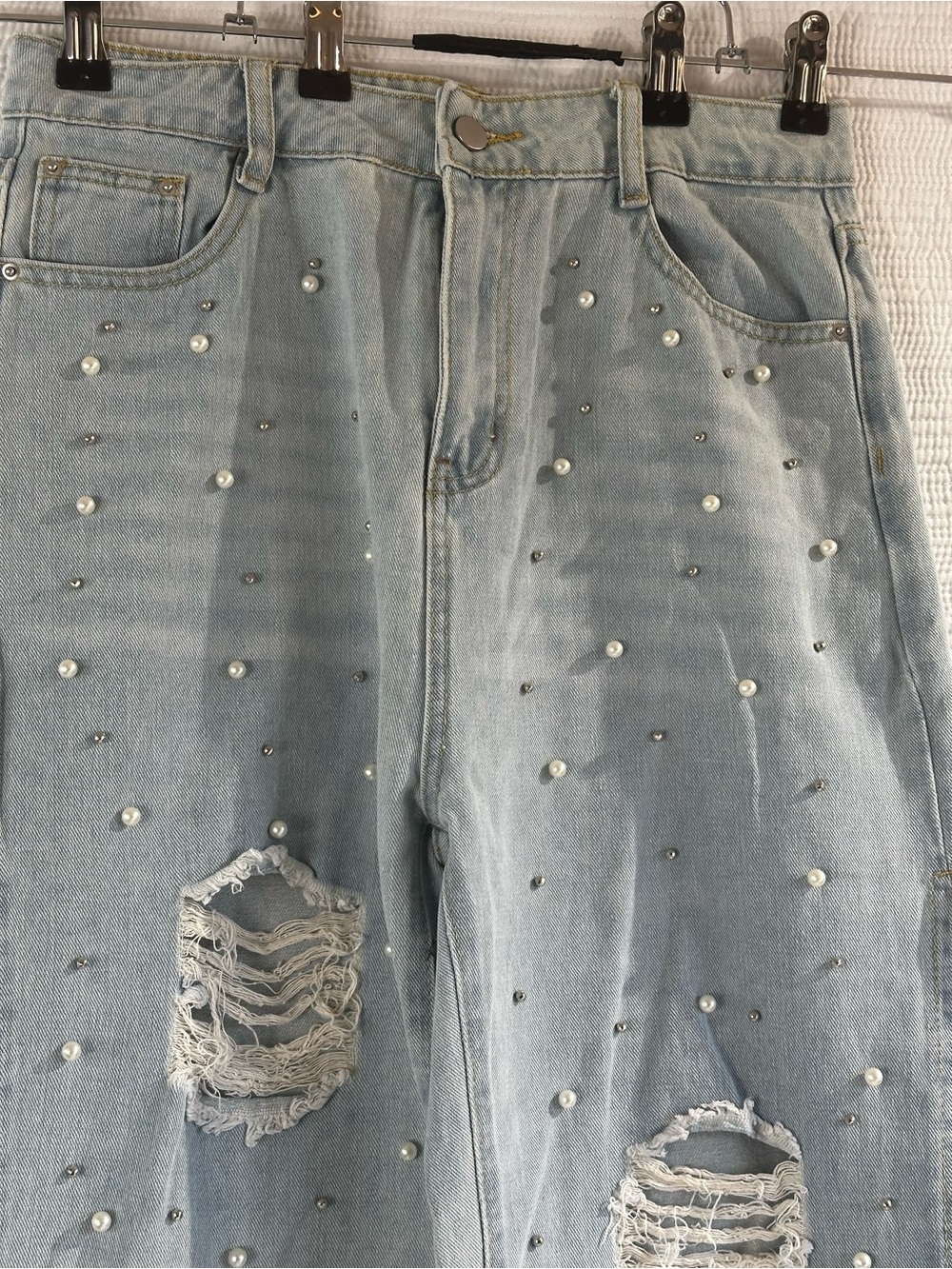 Y2K Pearl Studded Wide Leg Jeans Light Wash Distressed Split Hem Denim Pants - Picture 5 of 16